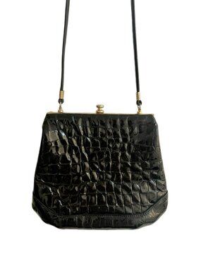 Vintage Due Fratelli Black Genuine Leather Frame Crossbody Bag Made in Canada